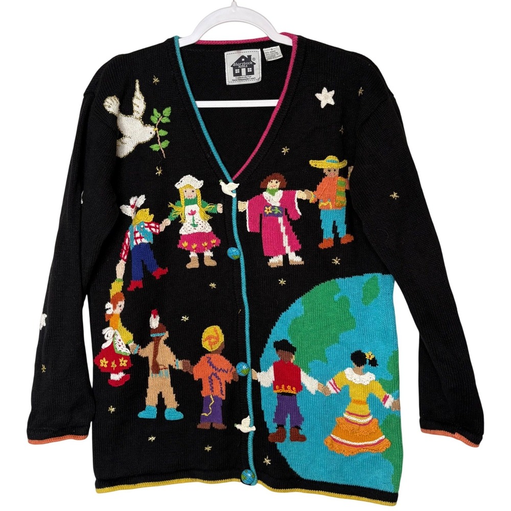 Vtg Storybook Knits Cardigan S Children World Peace Kidcore Teacher Ugly Sweater